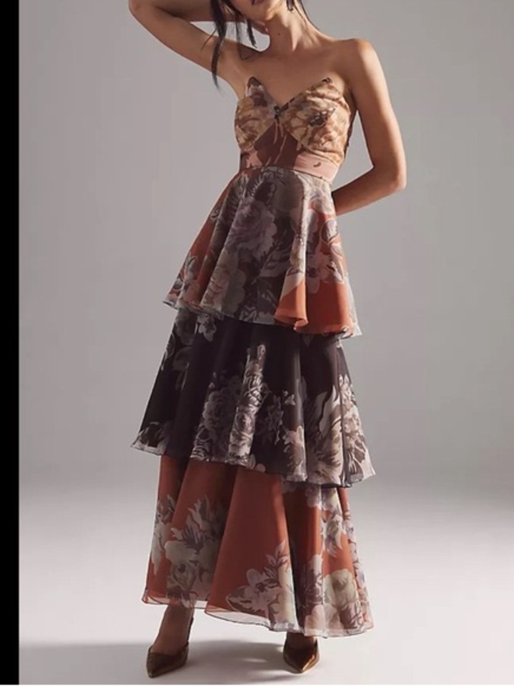 Tiered Strapless Floral Maxi Dress in Rust and Brown